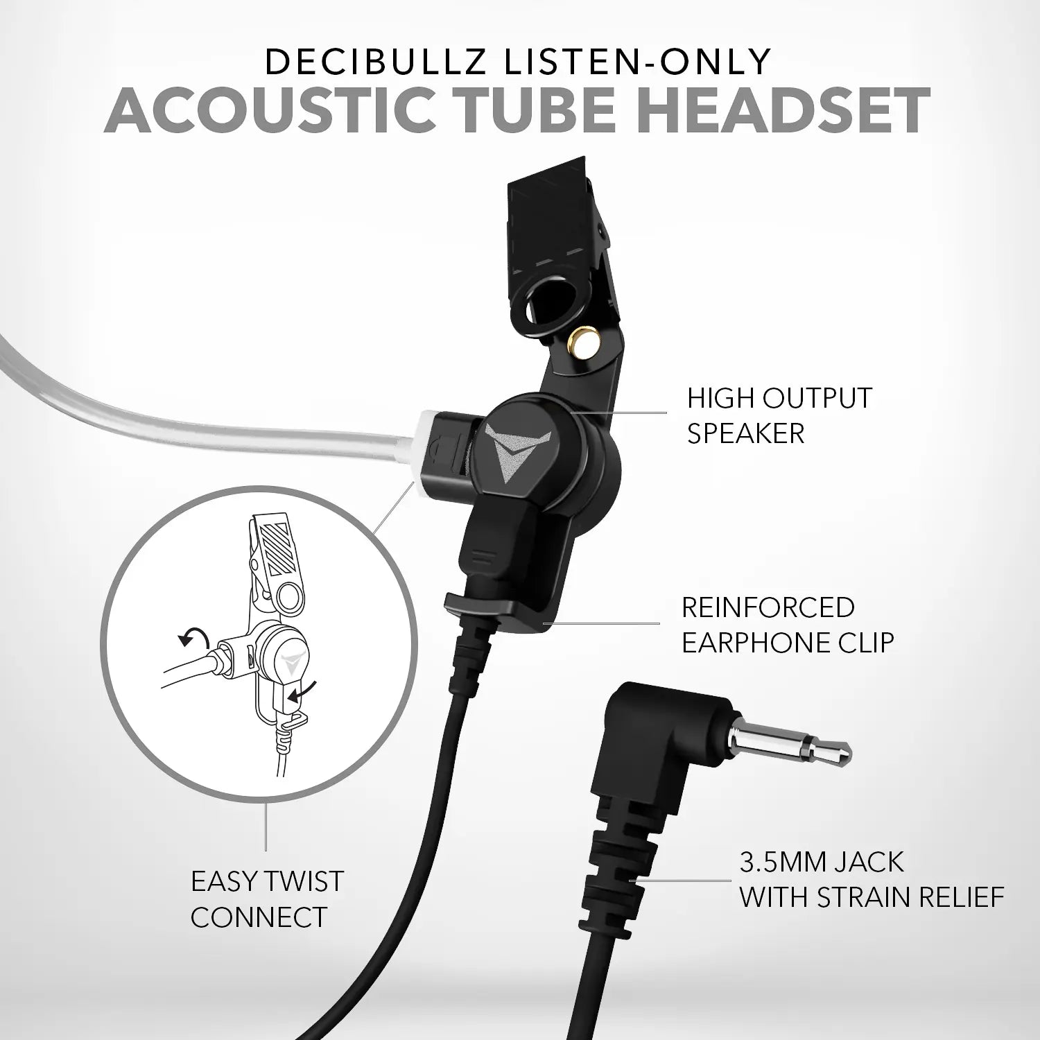 Image of the Decibullz Premium Listen-Only Surveillance Acoustic Tube Headset. Features include a high output speaker, reinforced earphone clip, easy twist connect mechanism, and a 3.5mm jack with strain relief. The product is depicted in a neutral grey background, ideal for law enforcement communication.