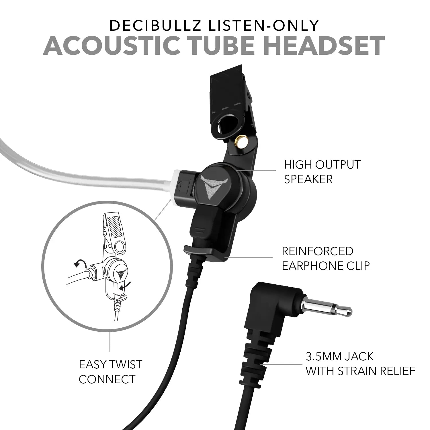 Image of the Decibullz Premium Listen-Only Surveillance Acoustic Tube Headset. Features include a high output speaker, reinforced earphone clip, easy twist connect mechanism, and a 3.5mm jack with strain relief. The product is depicted in a neutral grey background, ideal for law enforcement communication.