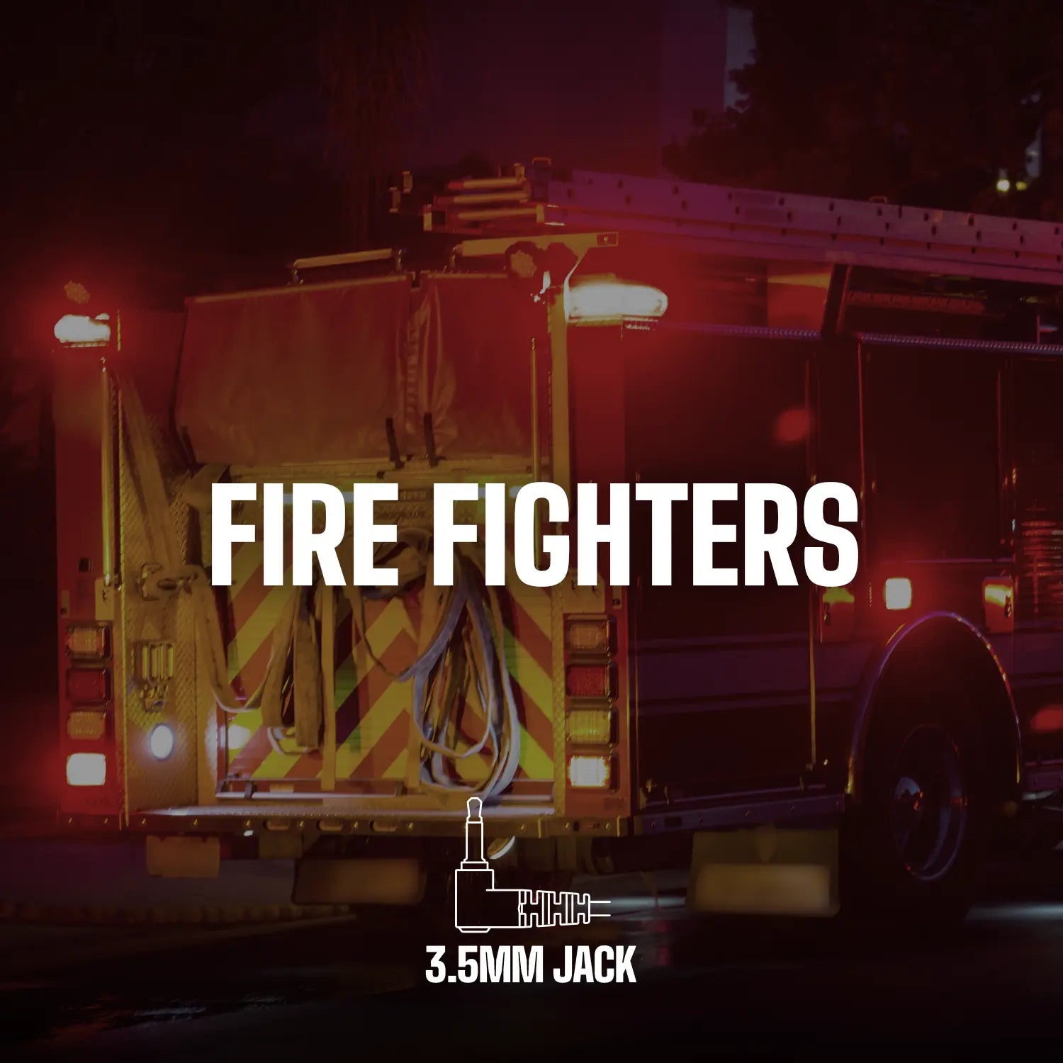 The image features a fire truck at night with red lights illuminated. The text overlay reads "DECIBULLZ Premium Listen-Only Surveillance Acoustic Tube Headset" positioned centrally above the back of the fire truck, showcasing their custom molded earpieces for clear communication during emergencies.