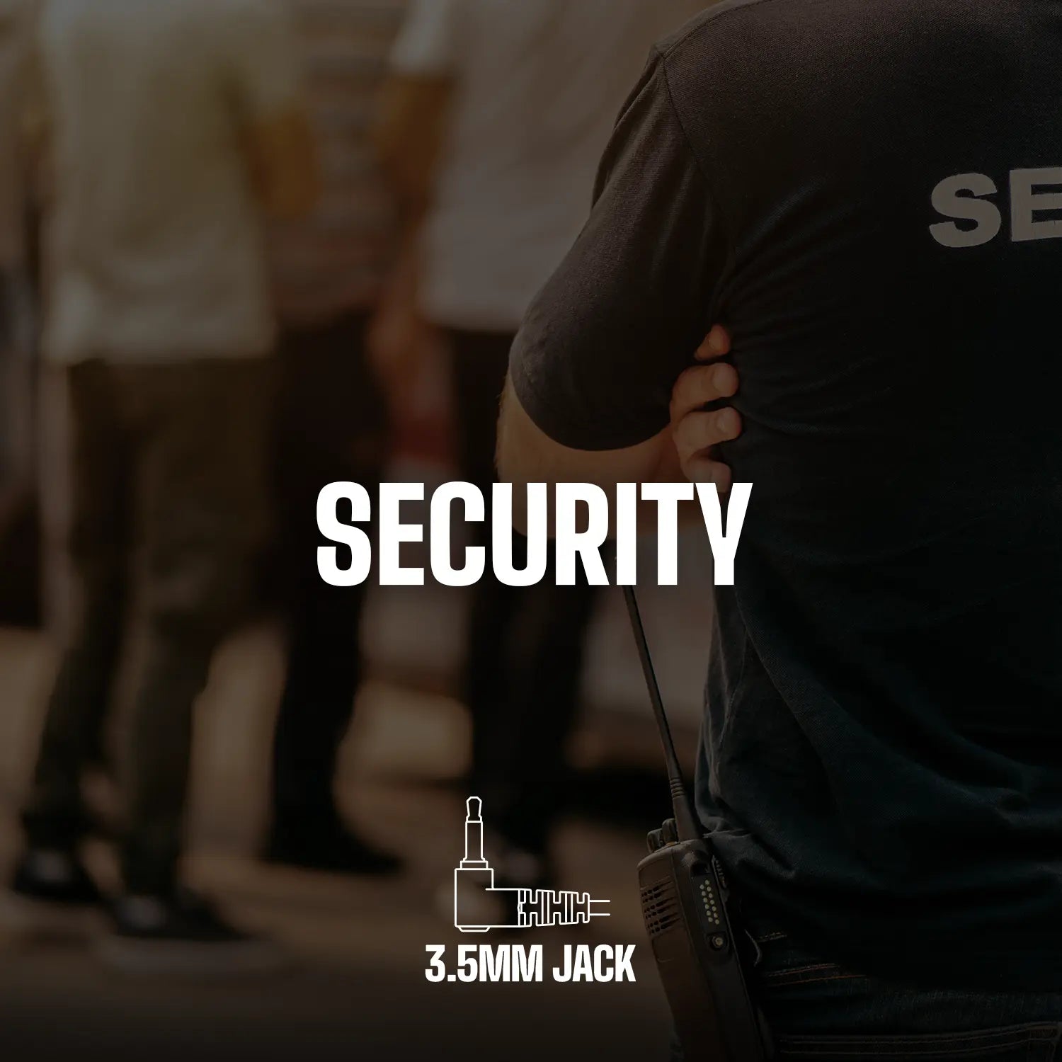 A person wearing a dark shirt with "Security" on the back stands with a walkie-talkie attached to their belt, using Decibullz custom molded earpieces through a Decibullz Premium Listen-Only Surveillance Acoustic Tube Headset. The background shows several blurry individuals, and the Decibullz logo and the word "Security" are prominently featured in the center.