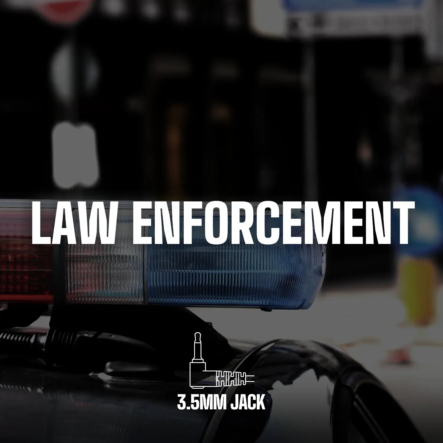 A marketing image for Decibullz Premium Listen-Only Surveillance Acoustic Tube Headset featuring text "LAW ENFORCEMENT" and a blurred background showing a police vehicle's blue and red emergency lights.