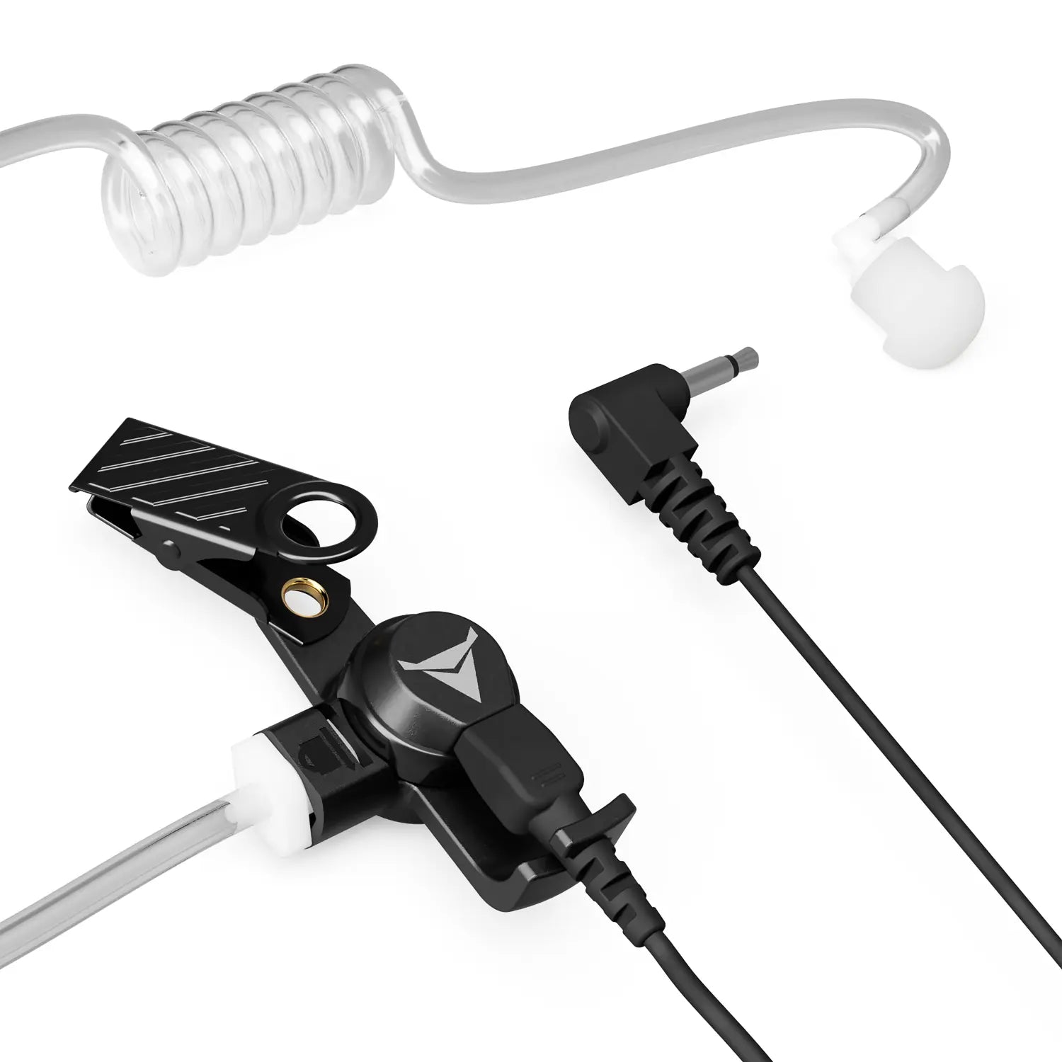Close-up image of a Decibullz Premium Listen-Only Surveillance Acoustic Tube Headset featuring a coiled clear acoustic tube, black clip with logo, and a black 3.5 mm headphone jack cable. The cable includes a right-angle connector, and the earpiece has a white earbud at the end of the acoustic tube. Ideal for law enforcement communication.