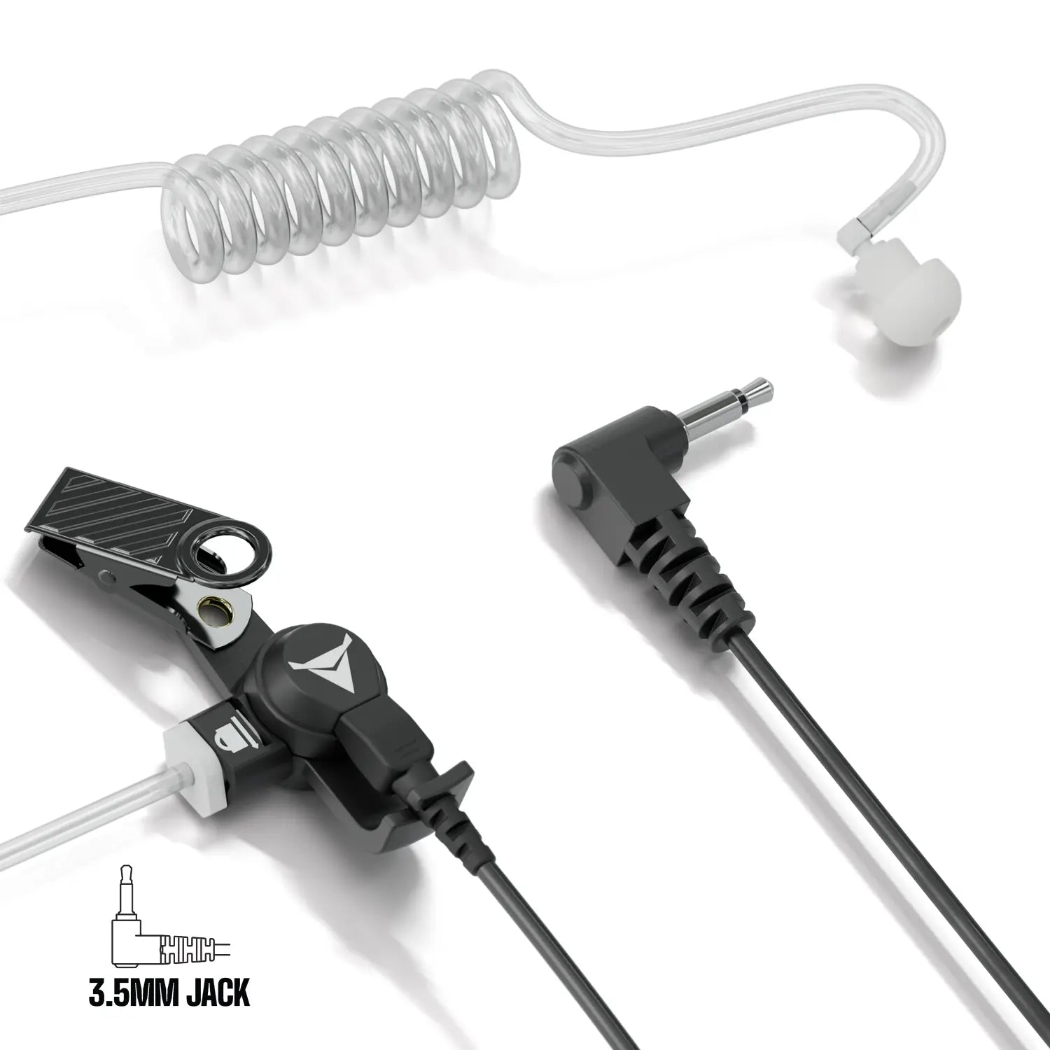 Close-up image of a Decibullz Premium Listen-Only Surveillance Acoustic Tube Headset featuring a coiled clear acoustic tube, black clip with logo, and a black 3.5 mm headphone jack cable. The cable includes a right-angle connector, and the earpiece has a white earbud at the end of the acoustic tube. Ideal for law enforcement communication.