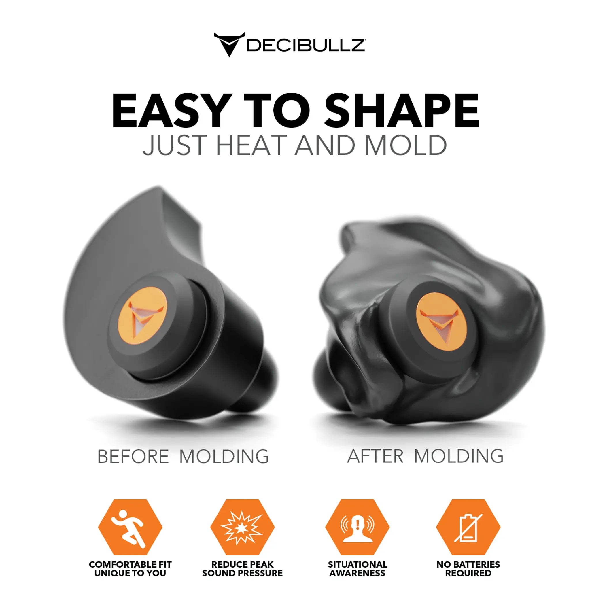 An image showing a pair of Decibullz Custom Molded Percussive Shooting Filter Earplugs. The left side depicts an earplug before molding, while the right side shows it after molding with Thermofit Custom Molded Earpieces. Features highlighted include a comfortable fit, reduced sound pressure, situational awareness, and no batteries required.