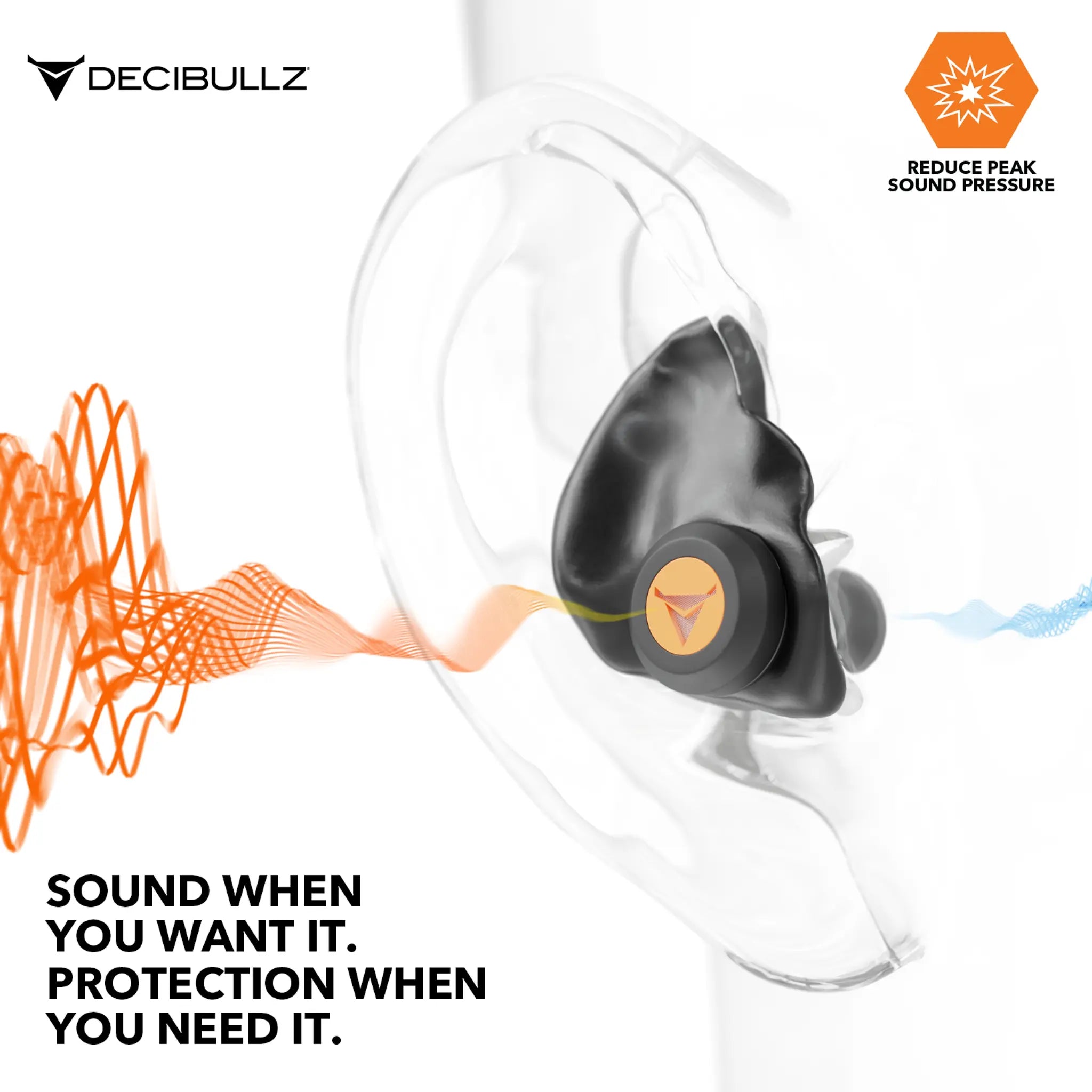 The image shows a close-up view of an ear with a black Decibullz Custom Molded Percussive Shooting Filter Earplugs inserted. Waves of colored sound are depicted entering the ear. Text reads, "Sound when you want it. Protection when you need it," and "Reduce peak sound pressure." The Decibullz logo is also visible.