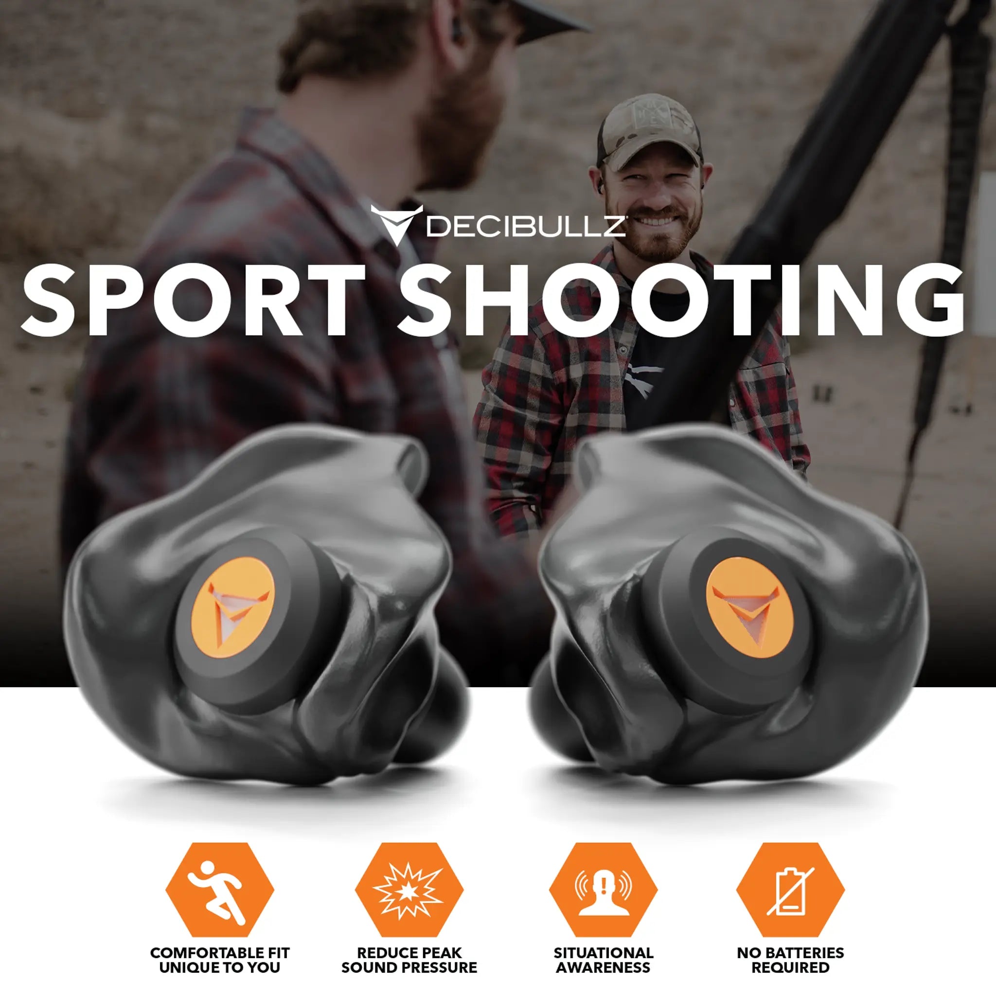 Image of Decibullz Custom Molded Percussive Shooting Filter Earplugs in a promotional banner for sport shooting. Two earplugs are shown with text highlighting their features: comfortable fit, reduce peak sound pressure, situational awareness, and no batteries required. Background shows two men with firearms.