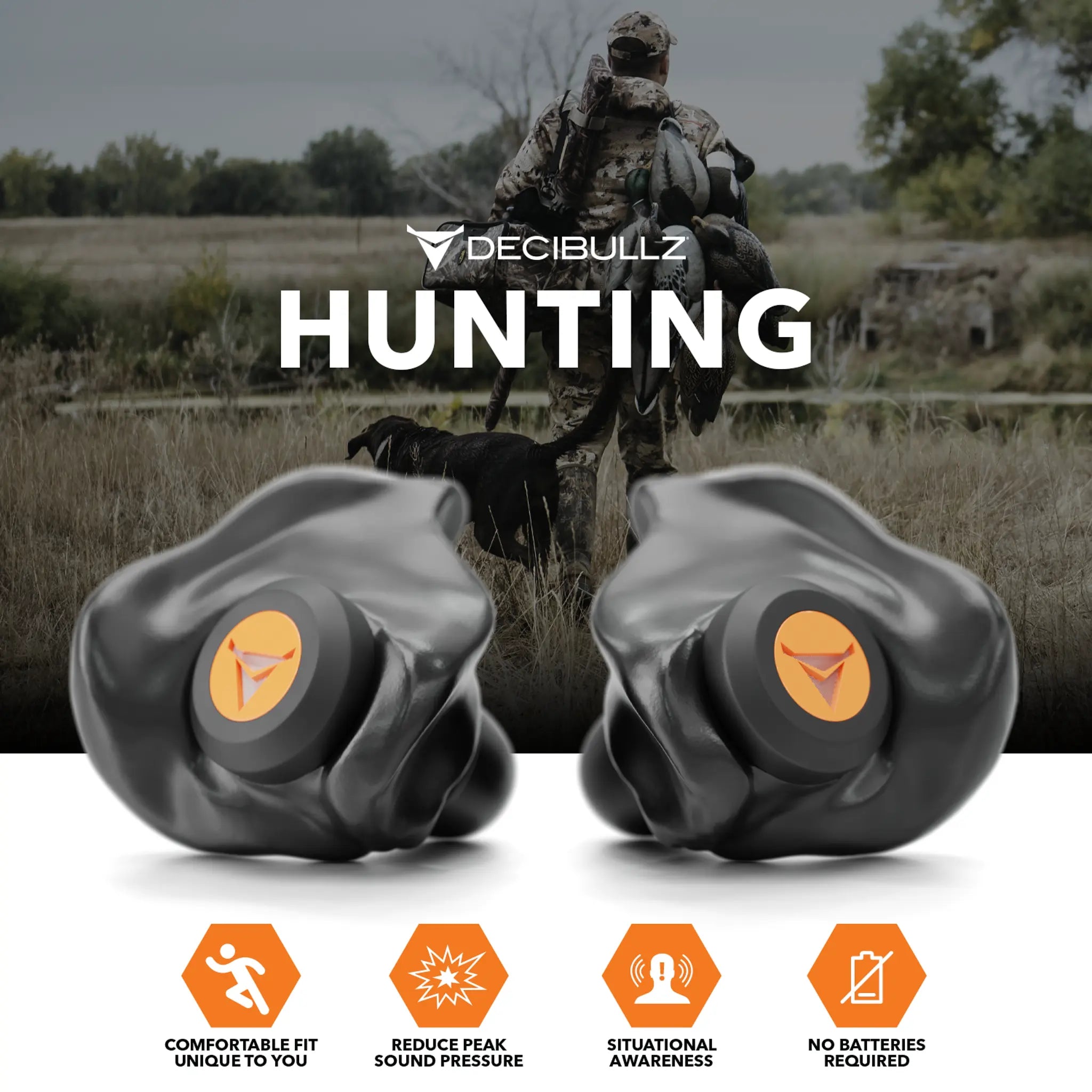 Discover Decibullz Custom Molded Percussive Shooting Filter Earplugs—perfect for hunting. Featuring Thermofit Custom Molded Earpieces, these earplugs provide a comfortable fit, reduce sound pressure, maintain situational awareness, and require no batteries. Stay protected and focused on waterfowl.