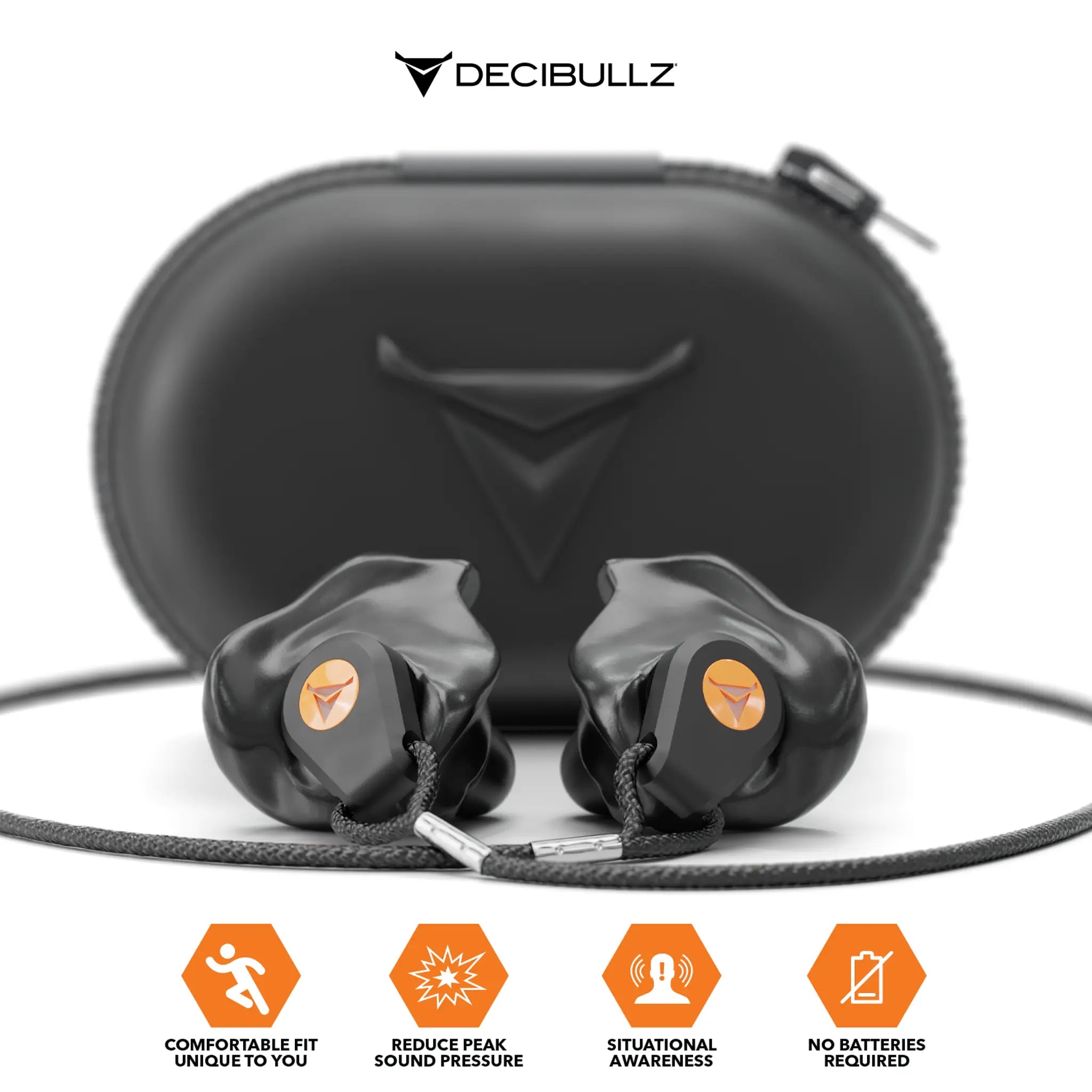 In front of a black zippered carrying case are black Custom Molded Percussive Shooting Filter Earplugs with orange logos. The Decibullz brand name and logo are shown above the case. Featuring Thermofit Custom Molded Earpieces, these earplugs highlight comfort, sound pressure reduction, and no batteries required.