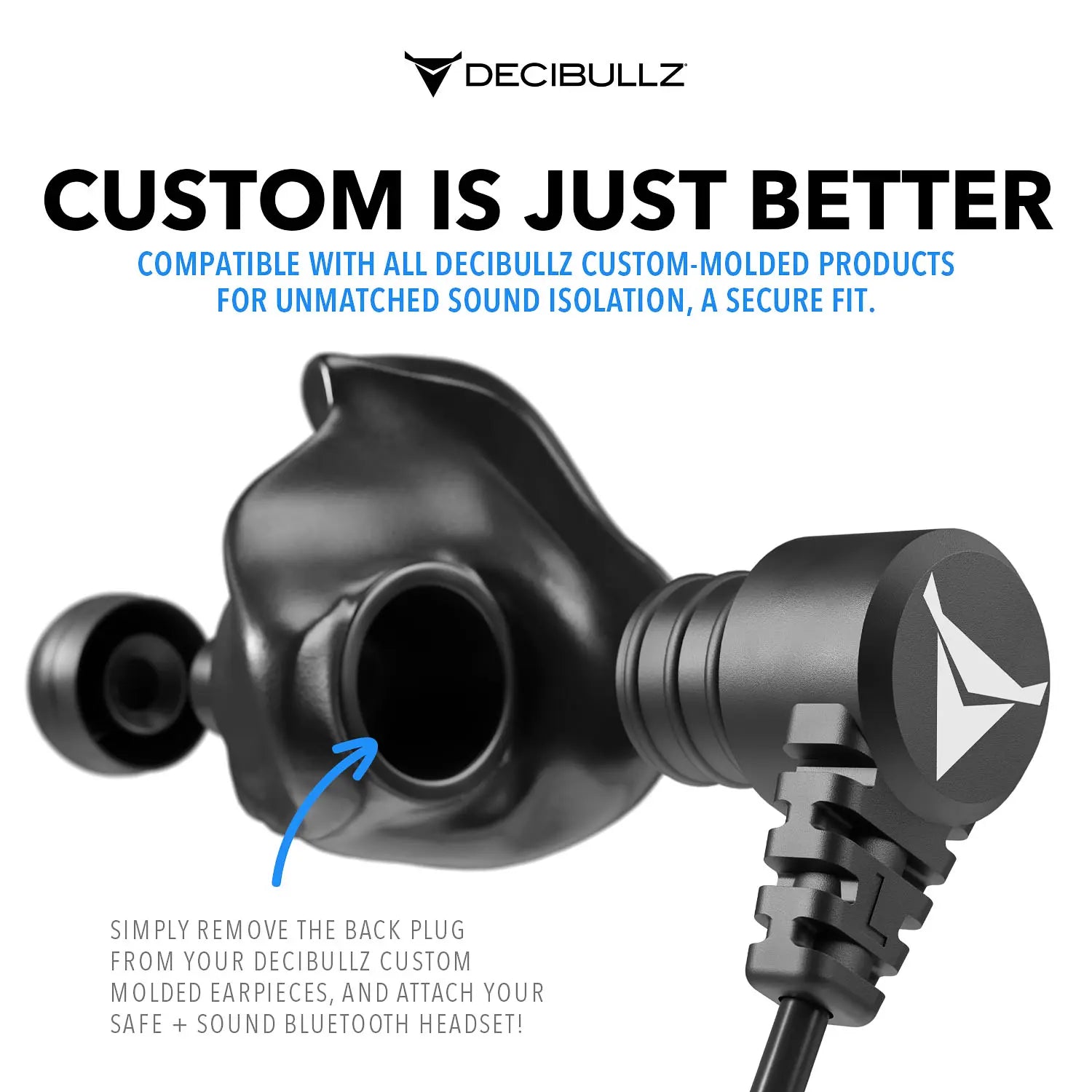 A promotional image for Decibullz. The image features a custom-molded earpiece with a back plug. Text reads: "CUSTOM IS JUST BETTER. COMPATIBLE WITH ALL DECIBULLZ SAFE + SOUND WIRELESS HEADPHONE CONVERSION KIT FOR UNMATCHED SOUND ISOLATION, NOISE SUPPRESSION TECHNOLOGY, A SECURE FIT." Instructions explain removing the back plug.