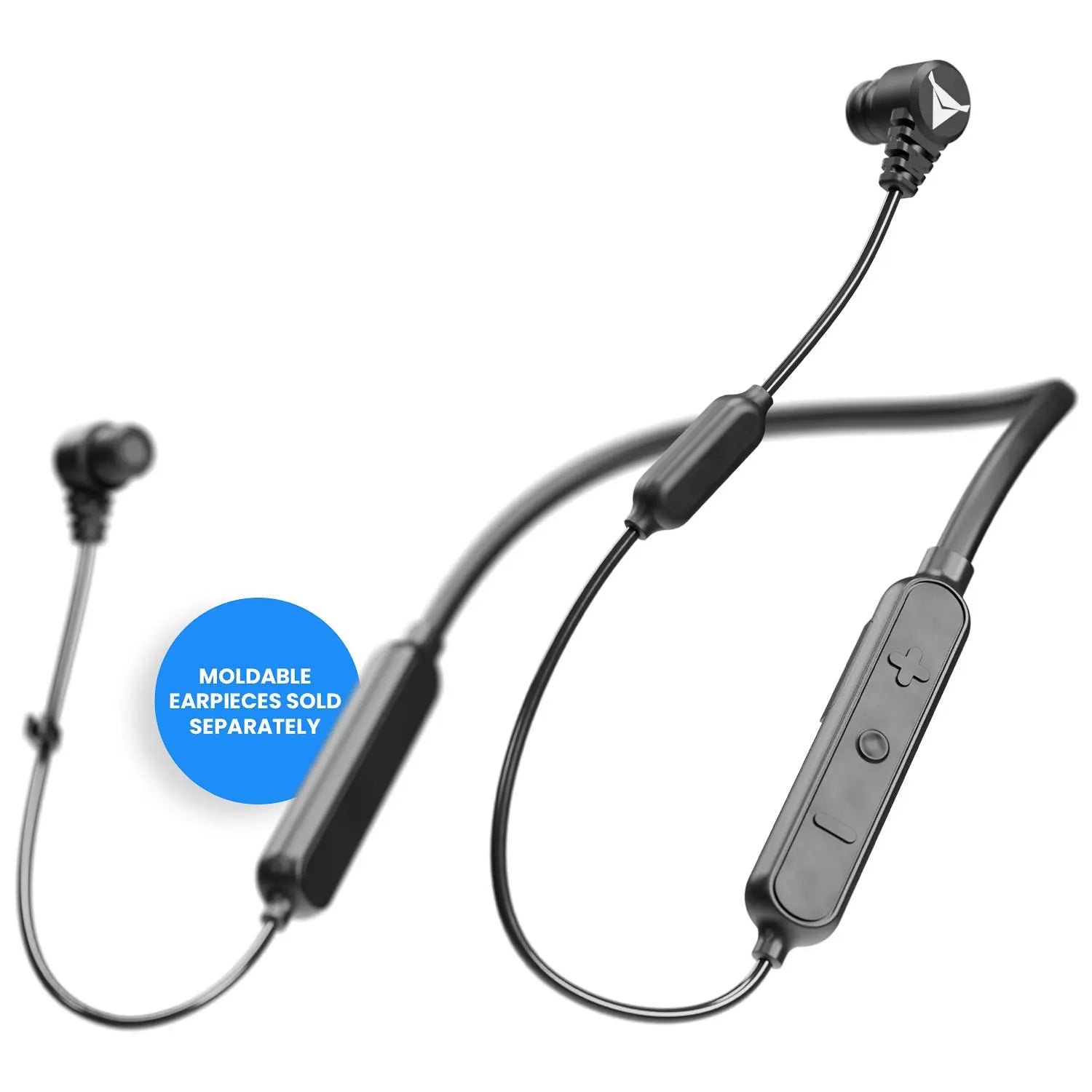 A pair of Decibullz SAFE + SOUND Wireless Headphone Conversion Kit in black connected by a flexible neckband. The control panel on the neckband features buttons for volume adjustment and playback. Enhanced with Noise Suppression Technology, a blue circular sticker beside one of the earbuds reads "Moldable Earpieces Sold Separately.