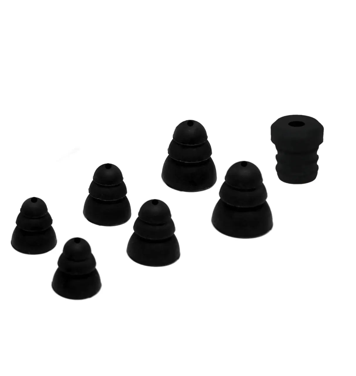 An image featuring the Decibullz Security Radio Adapter Conversion Kit for Decibullz Custom Molded Earpieces, which includes seven black rubber grommets of varying sizes arranged in two rows. The top row contains four grommets shaped like cones with ridged sides, perfect for use with a two-way radio earpiece. The bottom row has three similar grommets of different sizes.