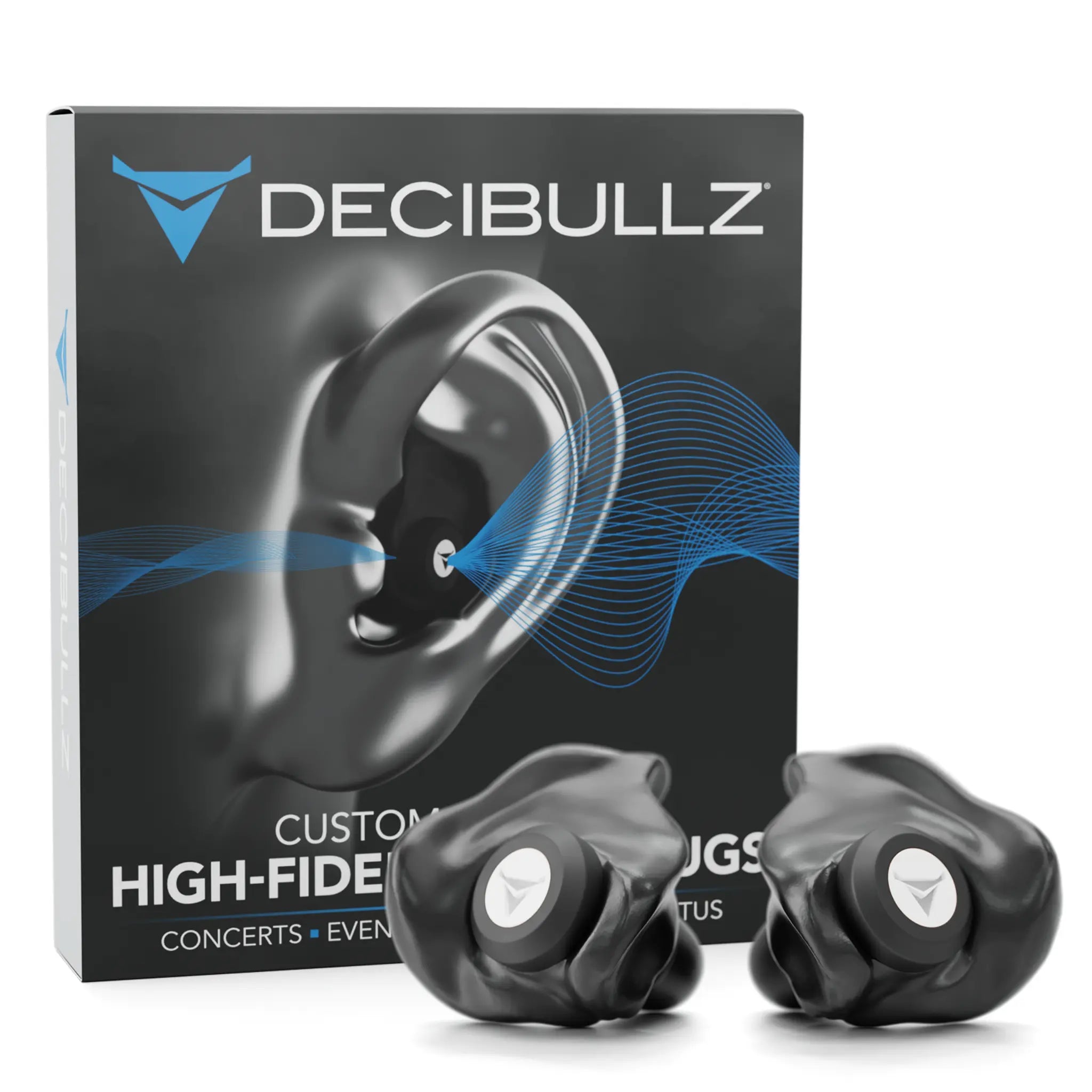 The image showcases a product box labeled "Custom Molded High-Fidelity Earplugs for Concerts, Musicians, Events, and Noise Sensitivity" with graphics of an ear and sound waves. In front are two black, custom molded earplugs featuring the Decibullz logo. The product is marketed for concerts, events, and tinnitus relief.