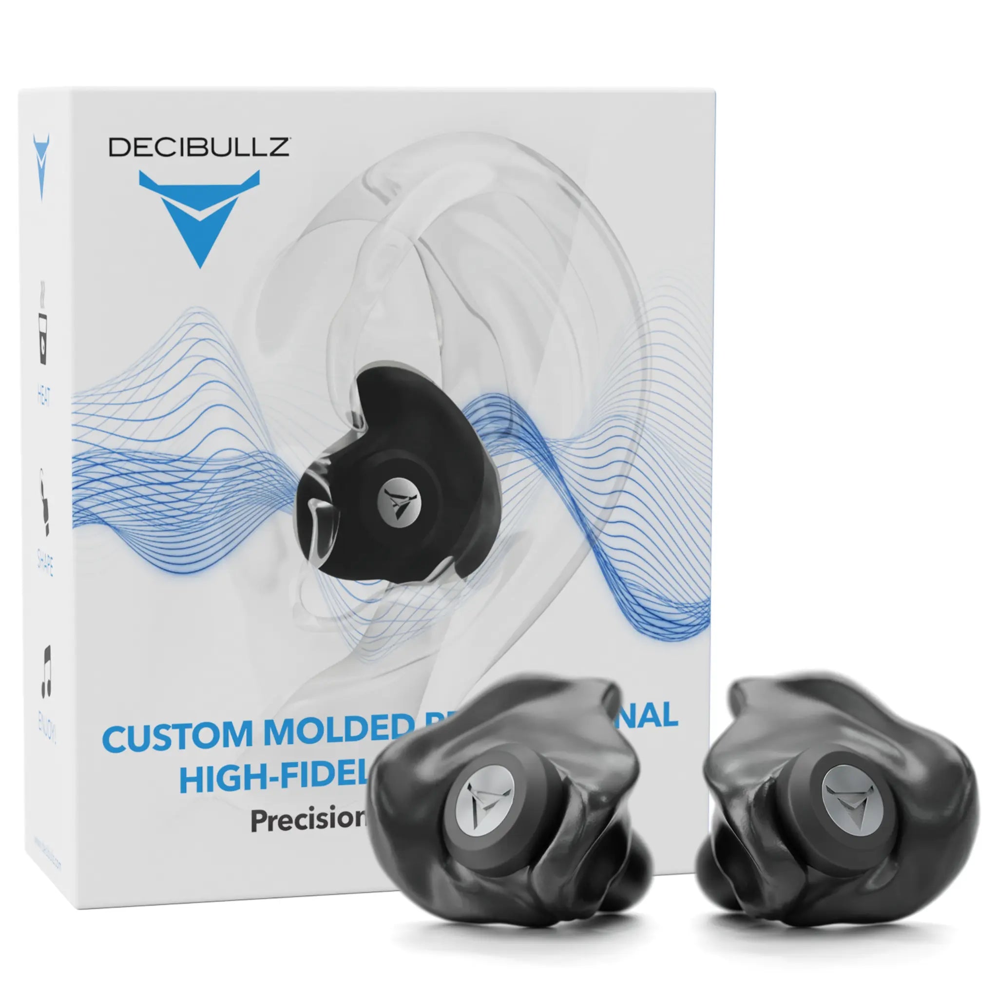 A product box for Decibullz Custom Molded Professional High-Fidelity Filter Earplugs is shown. The box features an image of the earplugs and the Decibullz logo. In front of the box, there is a pair of black earplugs with the same logo visible on each, emphasizing their top-notch hearing protection and quality.