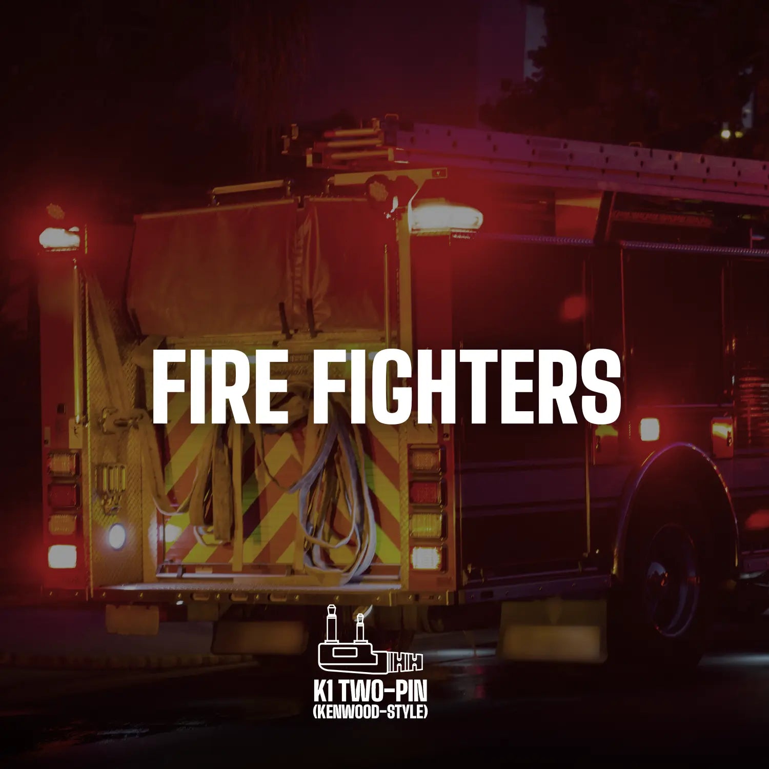 A fire truck with rear lights illuminated is shown at night. The text "DECIBULLZ FIRE FIGHTERS" is overlaid on the image. The fire truck, equipped with hoses and gear, promotes the Two-Way Surveillance Acoustic Tube Headset (Kenwood), ensuring clear communication in critical moments.