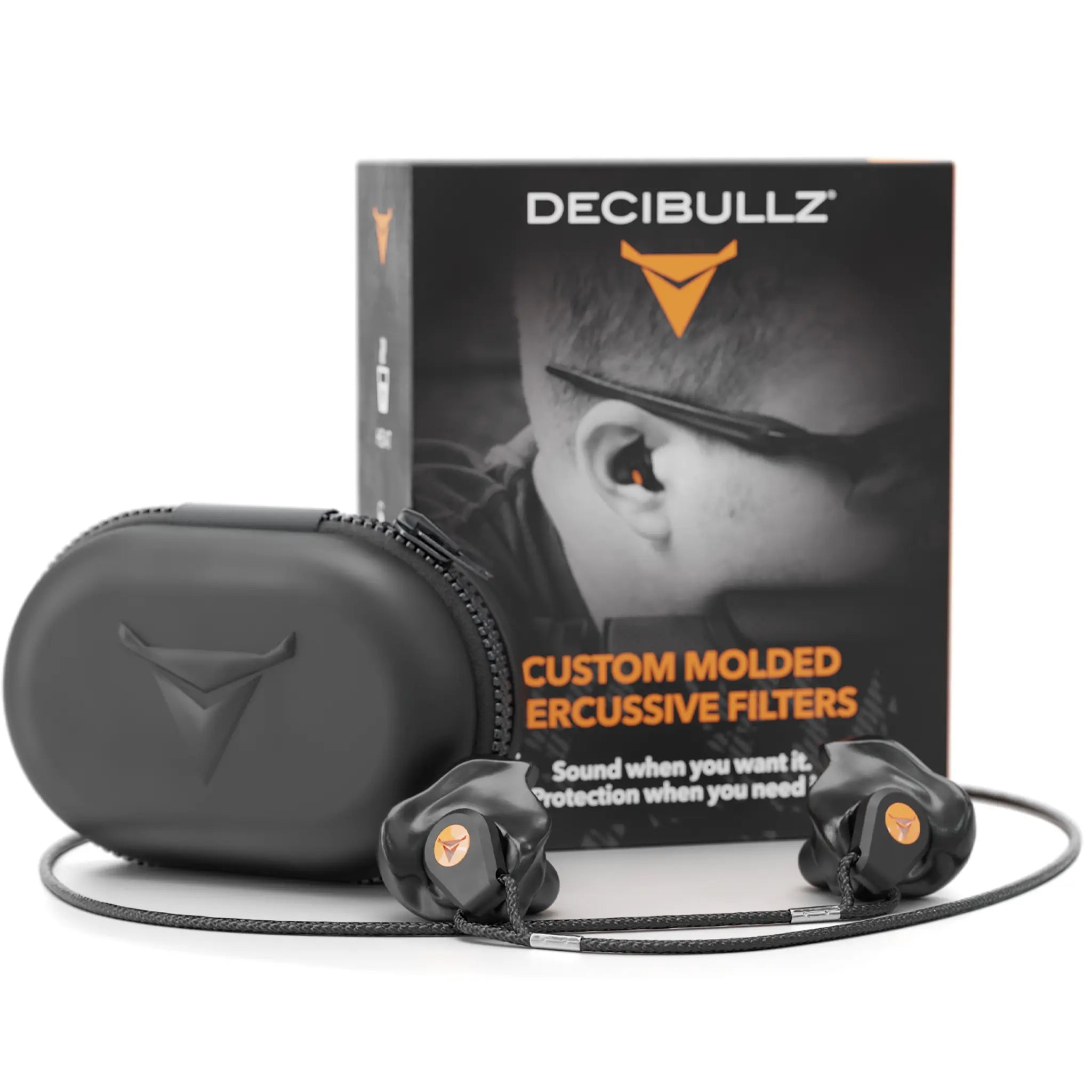 A product image of Decibullz Custom Molded Percussive Shooting Filter Earplugs. The image shows the earplugs, a carrying case, and the packaging box. The box features an image of a person wearing the earplugs and highlights protection and sound control through advanced percussive filter technology.