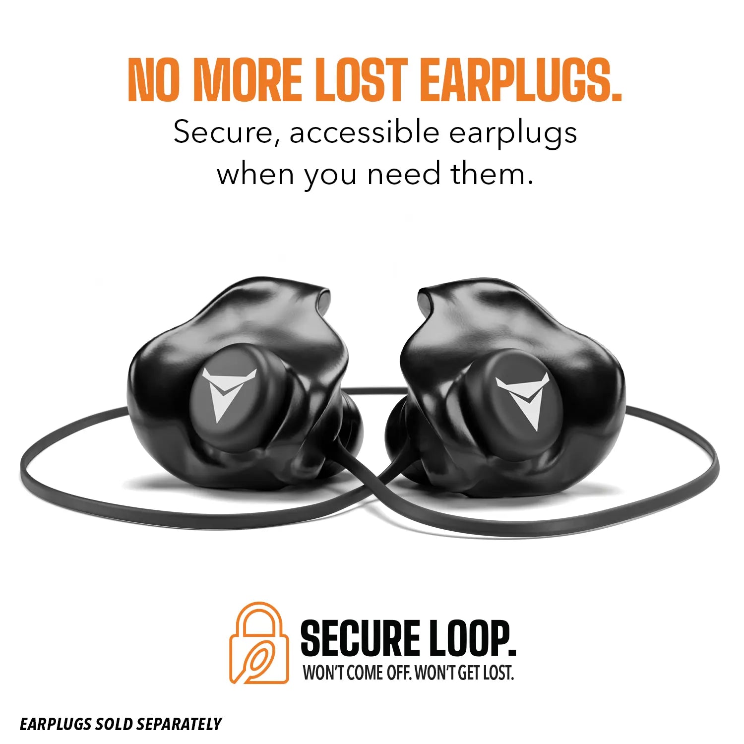 Black earplugs with a secure loop feature on a white background