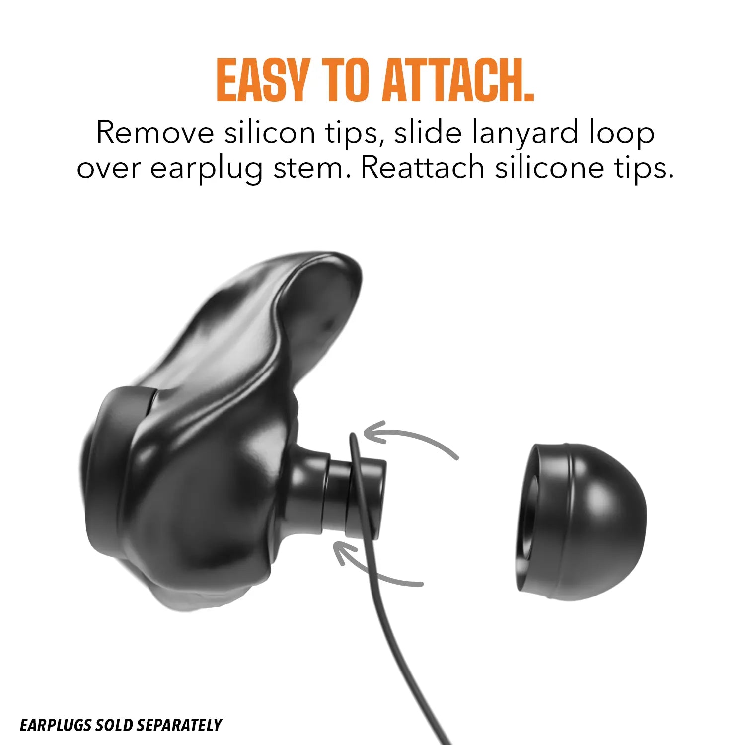 Black earplug with Premium Silicone Lanyard, showing how to attach the lanyard.